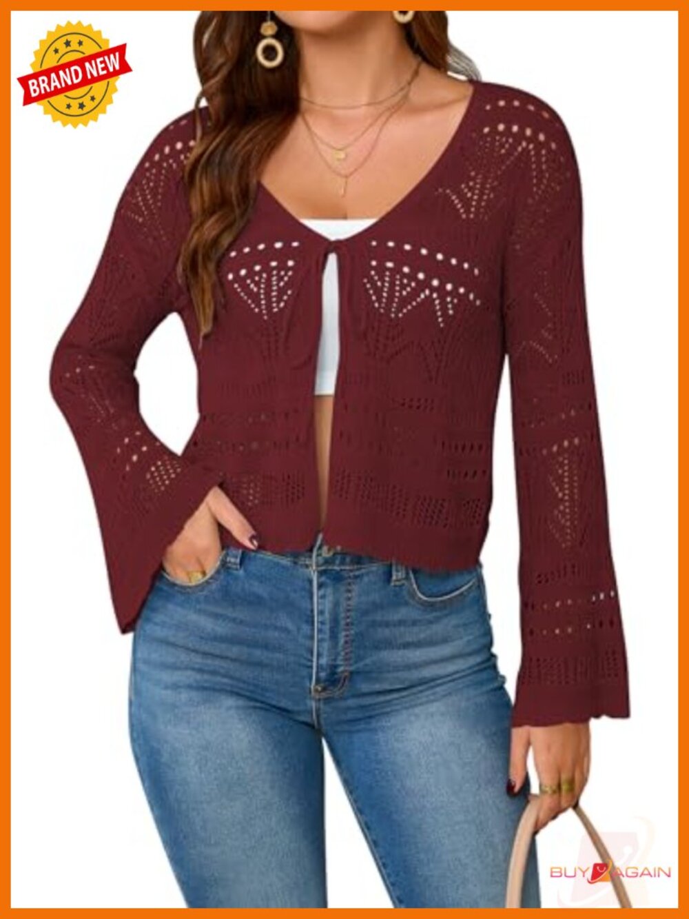 Crochet Cropped Tie Front Cardigan Bell Sleeve Sweater Top